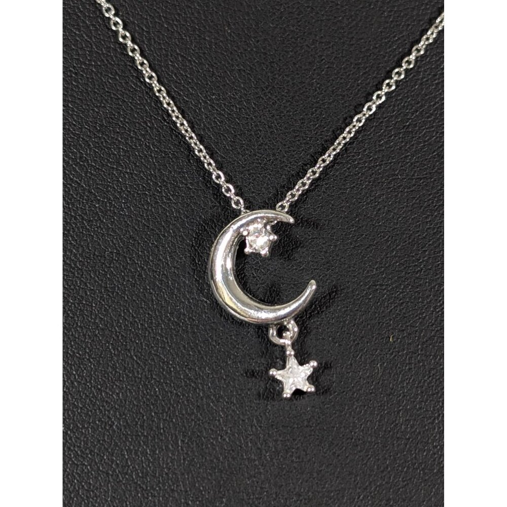 Silver Tone Rhinestone Crescent Moon Star Charm Necklace Dainty 18" Celestial